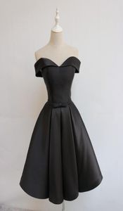 Sexy Black Party Dresses Off Shoulder Satin Knee Length Prom Gowns LaceupZipper Back Cocktail Dresses Real Pictures6762105