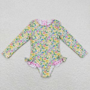 Partihandel baby flicka en bit lång ärmar simning kostym barn småbarn sommar inre blommig ruffle badkläder spädbarn baddräkt
