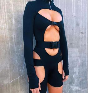 Kvinnor Bodycon Buckle Cut Out Biker Rompers Sexiga långa ärmar ihåliga ut klubbkläder Bodysuit One Piece Short Jumpsuit Pants5769316