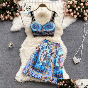 Two Piece Dress Set Summer Suit For Women Printed Crop Top Y Suits With Pleated Skirt Plus Size 2Xl Boho Holiday Beach Woman Outfit D Dh8Qo