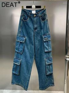 Dżinsy dżinsowe elementy solidne kolorowe multi kieszeni dżins 2024 Moda moda wysoka talia zamek błyskawiczny