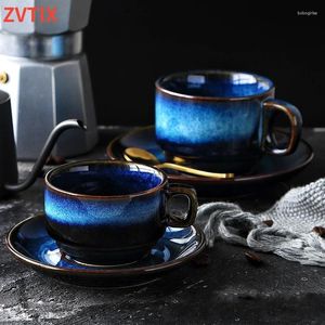 Cups Saucers Handwerker aus Porzellan moderner Keramik Kaffee Tasse Tee und Teller kreatives Set Frühstück bei Nacht Einfacher blauer Luxus süße Tasse