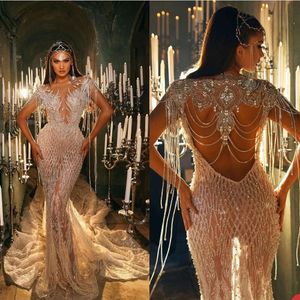 Gorgeous Women Beaded Tassel Evening Dresses African Illusion Mermaid Prom Party Gowns Shiny Backless Crystal Celebrity Dress