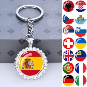 Keychains Europe National Flag Glass Dome Rhinestone Pendant Key Chains Albanien Spanien Ukraina Ryssland Frankrike Tyskland Keyring