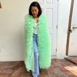 Kvinnors västar Mint Green Fluffy Tiered Tulle Long Women Jacka med fickor Kvinnlig ärmlös Västkläder