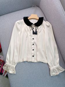 Spring Ivory Contrast Color Ribbon Tie Bow Tassel Blouse Shirt Long Sleeve Peter Pan Neck Panelled Single-Breasted Soie Top Shirts W3D281647