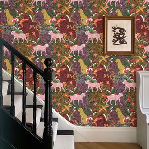 Papel de parede de leopardo e tigre em aquarela retro casca colorida e decoração de casa de pvc decoração de casa vintage mobiliário de vinil adesivo de gabinete de vinil