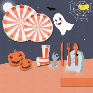 Disposable Dinnerware Persons 1 Set Halloween Theme Orange Striped Creative Party Supplies Tableware Birthday Layout Decor