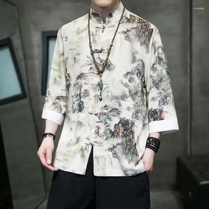 Men's Casual Shirts 2024 Spring Summer Ink And Wash Print Shirt Traditional Chinese Style Mens Vintage Half Sleeve Linen Top Kungfu