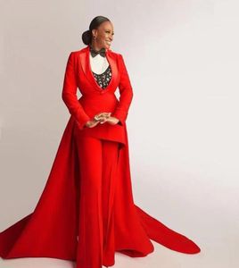 Red Jumpsuit Evening Dresses With Detachable Train V Neck Full Sleeve Satin Outfit 2021 Ankle Length Pants Suit Formal Wear9735679