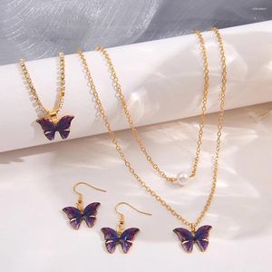 Necklace Earrings Set Fashion Butterfly Bracelet Jewelry For Women Girls Gold Color Puple Oil Drip Chain Pendant Gift