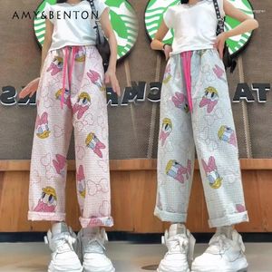 Jeans femminile in stile coreano in stile plaid cartone animato stampa floreale abbigliamento salto casual estate sottili piccoli pantaloni dritti di pantaloni