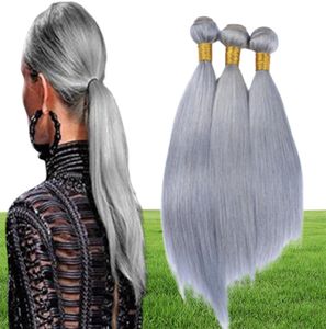 Brazilian Silver Grey Human Hair Extensions 3Pcs Silky Straight Remy Hair Weaves Pure Grey Color Human Hair Bundles 10-30"2946319