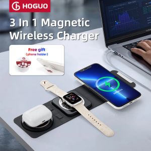 Caricabatterie Hoguo3 in 1 Caricabatterie wireless magnetico, supporto per pad, pieghevole, iPhone 14, 13, 12, 11, X, Apple Watch, AirPods, Fast Charging, 15W