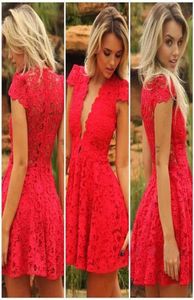 V Neck Red Sexy Short Evening Dresses Cap Sleeves Real Simple Special Occasion Cocktail Lace Party Prom Dresses8858818