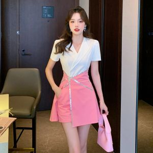 Shorts Ol Work Wear Outfits 2023 Summer New Temperament Suit Collar Fashion Patchwork Short Dress and Shorts Twopiece Set