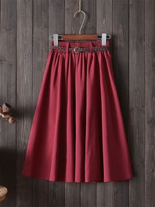 ミディニーの長さの夏のスカートベルトファッション韓国のレディースハイウエストプリーツアラインスクール女性240403