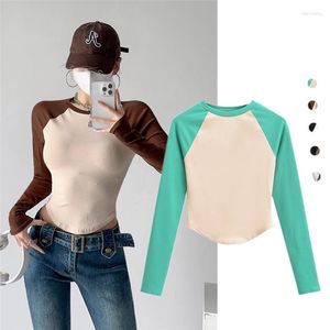 Women's T Shirts American Style Color Matching Long-Sleeved Base Shirt Elegant Slim-Fit Slim Looking Round Neck Outerwear Raglan Sleeve