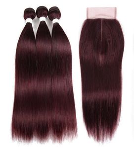 Straight 99J Dark Wine Red Colored Human Hair Bundles with Closure PreColored Brazilian Virgin Hair Weaves with 4x4 Lace Closure8057303