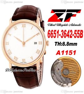 Villeret Ultraplate Ultra Slim A1511 Mens Automático Relógio ZF 6651364255B Rose Gold Branco Dial Silver Roman Marker marrom couro 7804112