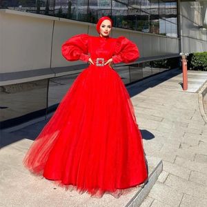 Vestidos de festa Sevintage Modest Red Prom Mangas Longo de Alto Golau A-line Vestido de noite muçulmano árabe Vestidos formais turcos Abiye