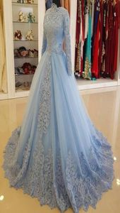 매력적인 파란색 무슬림 레이스 볼 가운 가운 웨딩 드레스 긴 소매 하이 넥 아플리케 신부 드레스 얇은징 구슬 플러스 크기 Wed1144967