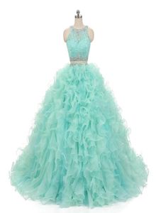 Mint Green Quinceanera Dress Two Pieces Short Prom Dresses With detachable Train Lace Vestido de Festa Ball Gowns3373286