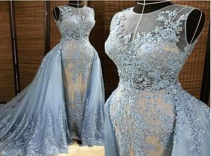 Illusion Neck Blue Lace Appliques Overkirt Evening Dresses 2019 Beaded Pearls Arabiska formella festklänningar för brudgäst Prom Pag3862190