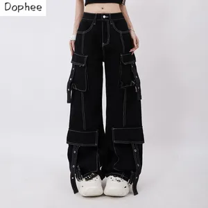 Jeans femininos Dophee Dopamine Black for Women Multi Pockets Cargo Pants Decoração de Linha All Match Straight Causal Denim Logo