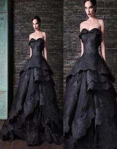 Gothic Style Black Sexy Prom Kleider Vintage Spitze Applikat Schatz abgestuft