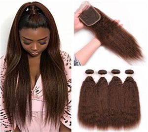 4 Medium Brown Kinky Straight Malaysian Hair Bundles with Closure Chocolate Brown Coarse Yaki Human Hair 4Bundles with Lace Closu39054137