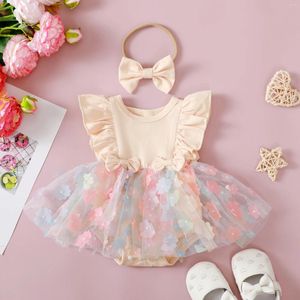 Kläder sätter fokusnorm 0-24m härliga baby flickor sommar romper klänning med båge pannband flyg ärm blommig tyll lapptäcke jumpsuit