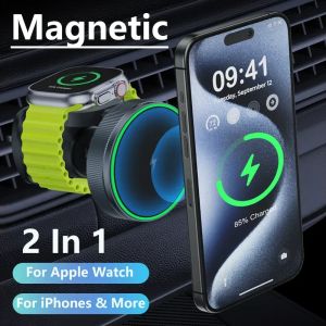 Зарядные устройства 2 в 1 магнитное беспроводное автомобильное зарядное устройство для iPhone 15 14 13 Pro Max Apple Watch Watch MacSafe держатель мобильного телефона.