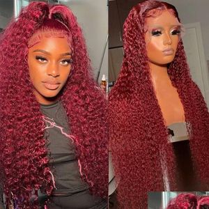 Синтетические парики бразильские волосы глубоко волновые парик Bury Red Lace Front 13x4 HD Frontal 360 FL Curlywig Pre -leculed Deloge Deliver