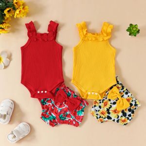 Shorts mababy 012m nyfödda spädbarn baby flicka kläder set ruffle stickad romper vattenmelon blommig tryck båge shorts sommar outfit d06