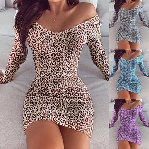 Vestidos casuais outono inverno mulheres vestido sexy estampo de leopardo feminino feminino slim saco hip bodycon jantar