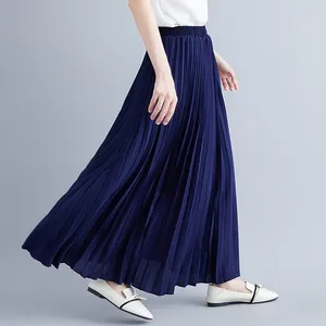 Skirts Solid Color Pleated Skirt Women Long Casual Loose Elastic High Waist A-Line Simple All-Match Beach Party Black White