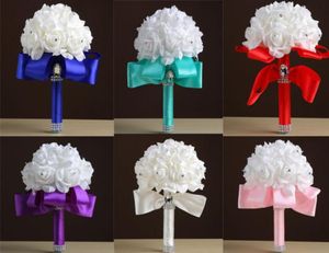 Whole Cream White Bouquets Handmade Flowers Rhinestones Rose Bridesmaid Bridal Artificial Holding Brooch Bouquet Silk RibbonWh9676466