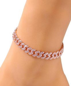 Kvinnor Anklets armband Iced Out Cuban Link Anklets Armband Gold Silver Pink Diamond Hip Hop Anklet Body Chain Jewelry58399578100910