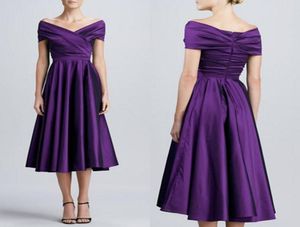 Tea Length Purple Satin Mother off Bride Dresses Cheap New Ruched Off Shoulder Mother039s Formal Evening Gowns For Party Dresse4812537