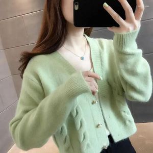 Kobiety na dzianiny swetry dla kobiet przycięte jesieni w szpic w szpic standardowy damna damna dama Knitwear solidny fioletowy koreański styl cudowne kardigany