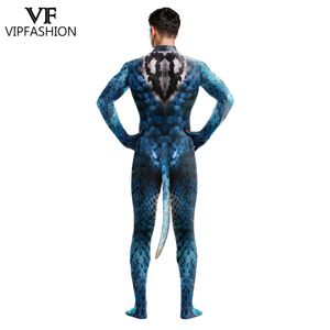 VIP FASHION Men Snake Cosplay Costume with Dog Tail Animal Printed Zentai Bodysuits Male Sexy Jumpsuit Halloween Party Outfit