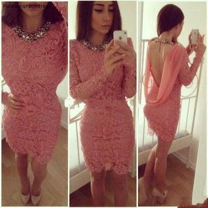 Party Dresses Coral Color Short Prom Dress Sheath Long Sleeves Backless Lace Gown