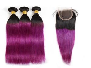 Ombre Color Hair Plaing Extensions Перуанские волосы 3Bundles с закрытием T1B27 T1B99J волновая волна для волос с прямыми 5724027