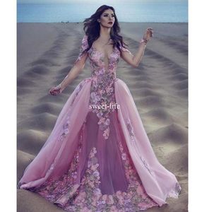 2019 Mermaid Evening Dress Deep V neck Backless Illusion Long sleeves Lace Applique Tulle Overskirt Prom Gown6178966