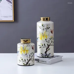 Vases Ceramics Vase Retro Golden Lid Storage Tank Ceramic Jar Home Decoration Flower Arrangement Accessories Pot Furnishings
