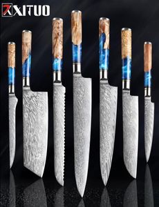 Xituo Kitchen Knivesset Damascus Steel VG10 Chef Knife Cleaver Paring Bread Knife Blue Harts and Color Wood Handle Cooking Tool7722178