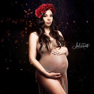 Maternity Dresses Pregnant womens dresses for photo shoots gold knitted maternity dresses transparent holographic clothing props Q240413