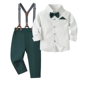 26 år Boy Spring Gentleman Outfit Polka Dot Printed Shirt With Solid Pants Children Suspender Bow Set Birthday Party Costume 240408