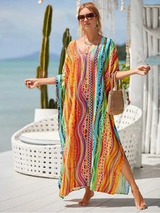 Основные повседневные платья Boho Print Caftan Casual Summer Clothing 2024 Женщины плюс размер V-образного выреза Batwing Slve Beach Wear Maxi Plays Roy Rooge Sarong Q1476 T240523